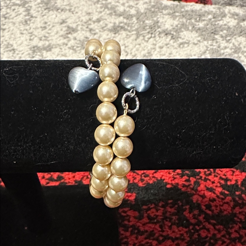 Chic Double-Strand Pearl Bracelet with Heart Charms